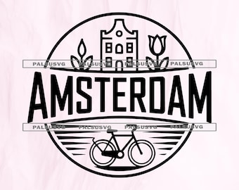 Amsterdam Travel Emblem SVG, Canal House, Bicycle (digital File
