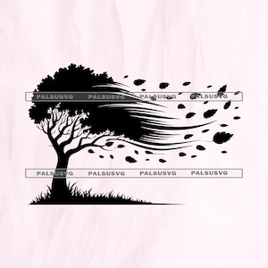 Può includere: Silhouette nera di un albero con foglie trasportate dal vento. L'albero ha un tronco e rami dettagliati, con foglie sparse nell'immagine. Il testo "PALSUSVG" è ripetuto nella parte superiore e inferiore dell'immagine.
