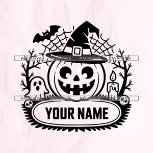 May include: Black and white Halloween-themed design featuring a jack-o'-lantern wearing a witch hat, with a bat, spiderwebs, and a ghost. The design includes the text "YOUR NAME" in a decorative oval.