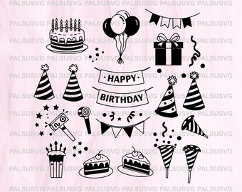 Birthday Party SVG Clipart Bundle, Cake, Balloons (Digital Download)