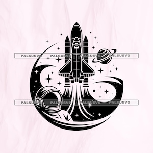 May include: Black and white illustration of a space shuttle launching into space, surrounded by stars, a planet with rings, and an astronaut helmet. The design is circular, with the shuttle in the center and a crescent shape around it.