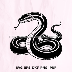 May include: A monochrome illustration of a snake with its tongue out. The snake is coiled, with a detailed pattern on its body. The image includes the text "SVG EPS DXF PNG PDF" at the bottom.