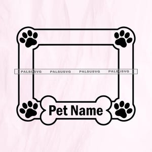 May include: Black and white pet-themed frame with paw prints at each corner and a bone-shaped center. The text "Pet Name" is displayed in the center, perfect for personalization. Ideal for pet owners.