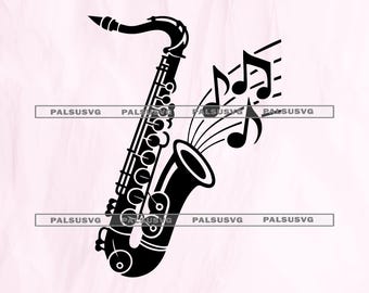 May include: A black saxophone illustration with musical notes emerging from the bell. The instrument is shown in profile, highlighting its keys and curved shape. The notes are stylized, indicating a musical theme.