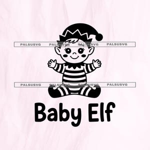 Puede incluir: Ilustración en blanco y negro de un bebé elfo. El elfo lleva una camisa a rayas, un gorro puntiagudo y zapatos de elfo. El texto "Baby Elf" está debajo.