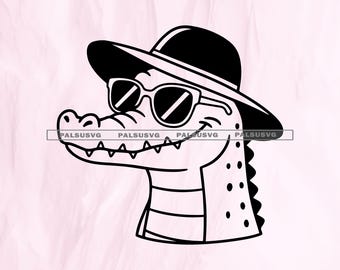 Alligator med hatt och solglasögon Klippfiler: SVG, PNG, EPS (digital nedladdning)