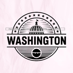 Pode incluir: Gráfico circular em preto e branco com a palavra "WASHINGTON" em negrito. O design inclui uma ilustração de um edifício em cúpula, estrelas e linhas horizontais, tudo dentro de uma moldura circular.