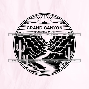 May include: A black and white circular graphic featuring the words "Grand Canyon National Park." The design includes a stylized depiction of the canyon with a river, cacti, and a rising sun. The image is set against a light pink background.