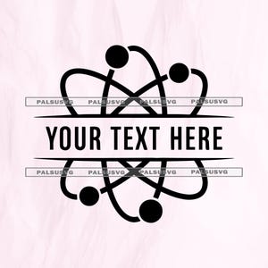 May include: Black atom design with the text "YOUR TEXT HERE" in a bold font, set against a light pink background. The design features a stylized atom with orbiting spheres and curved lines, suitable for science-themed products.