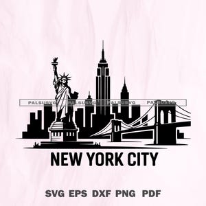 Puede incluir: Silueta en blanco y negro del horizonte de la ciudad de Nueva York, con la Estatua de la Libertad, el Empire State Building y el puente de Brooklyn. El texto "NEW YORK CITY" está debajo.