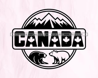 May include: Black and white graphic design featuring the word "CANADA" with maple leaf accents, a mountain range, and two bears. The design is circular with the text "SVG EPS DXF PNG PDF" below.
