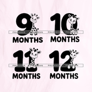 May include: Black and white graphic designs featuring the numbers 9, 10, 11, and 12, each accompanied by a smiling giraffe illustration. The word "MONTHS" is below each number. Perfect for baby milestone celebrations.