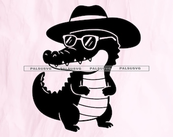 Söt alligator med hatt och solglasögon Designklippfiler för Cricut & Silhouette | SVG, EPS, Dxf, PNG | Direktnedladdning