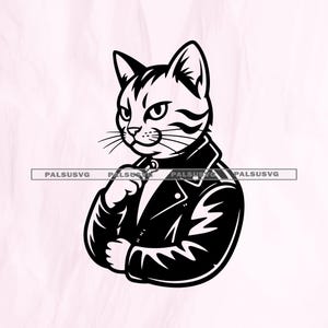May include: Black and white illustration of a cat wearing a leather jacket. The cat has a serious expression and is posed with one hand on its chin. The image has a minimalist design.