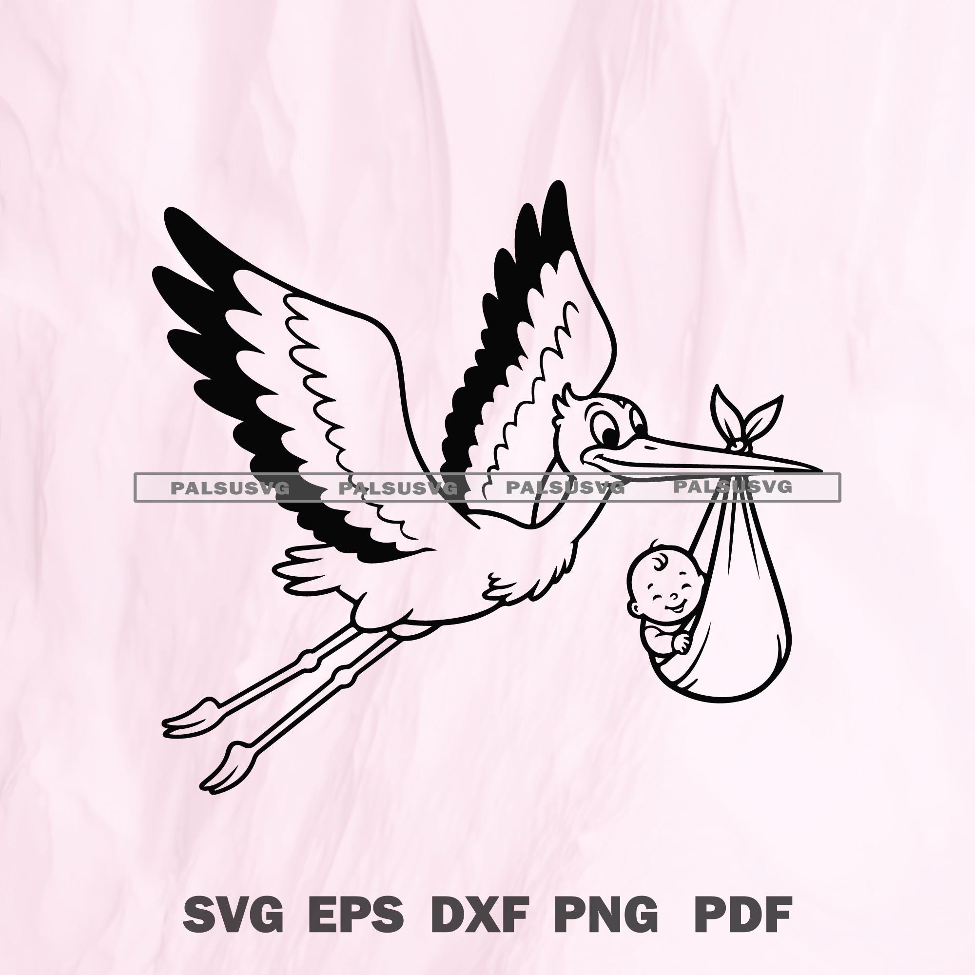 コウノトリが赤ちゃんを運ぶ漫画のベクター画像（SVG、PNG、EPS、DXF 