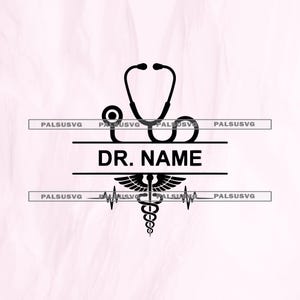 May include: Black and white medical design featuring a stethoscope, the text "DR. NAME", a caduceus symbol, and a heartbeat line. The design is suitable for medical professionals and healthcare-related products.