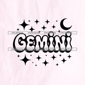 Könnte beinhalten: Schwarzes Gemini-Sternzeichen-Design mit Sternen und einem Halbmond. Das Wort "Gemini" ist in einer fetten, blasenartigen Schriftart geschrieben. Das Design umfasst mehrere Sternformen und einen Halbmond, alle in Schwarz.