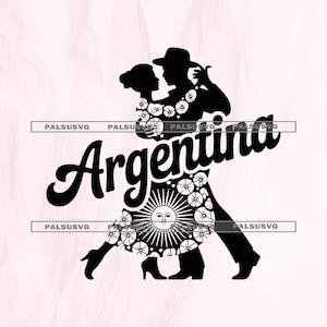 Puede incluir: Silueta negra de una pareja bailando tango, con la palabra "Argentina" en escritura cursiva. El vestido de la mujer presenta un diseño de sol. El hombre lleva sombrero. La imagen está sobre un fondo rosa claro.