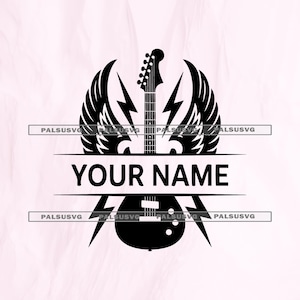 以下が含まれることがあります： 翼と稲妻が付いたエレキギターの白黒グラフィック。テキスト「YOUR NAME」が下に表示されています。音楽をテーマにした商品に最適です。