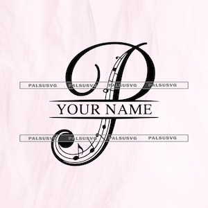 May include: A black graphic design featuring a stylized letter P integrated with musical staff lines and notes. The letter is split horizontally with the text YOUR NAME centered in the middle. The watermark PALSUSVG appears repeatedly.