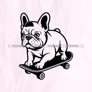 Könnte beinhalten: Schwarz-Weiß-Illustration eines französischen Bulldoggen auf einem Skateboard. Der Hund hat große Ohren und ein flaches Gesicht. Das Skateboard hat vier Räder.