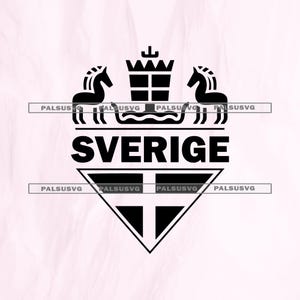 May include: Black and white graphic of the word "SVERIGE" with a crown, two horses, and a triangular emblem. The design is a stylized representation of the Swedish coat of arms.