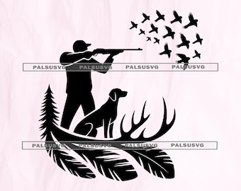 Hunter with Dog SVG, Deer Antler Clipart (Cut Files)