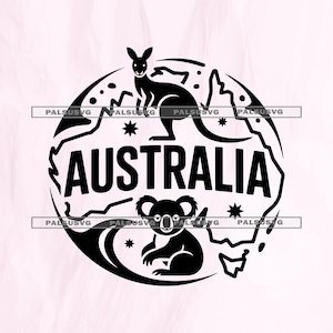 May include: Black and white graphic of Australia with a kangaroo and koala. The word "AUSTRALIA" is in bold letters across the center. The design is set within a circle with stars and the outline of the continent.
