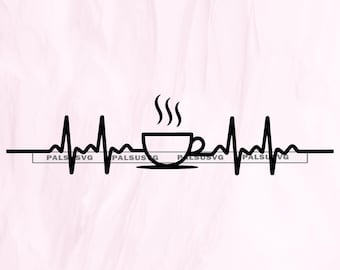 コーヒーのハートビート EKG SVG、面白いカフェインデザイン（デジタルダウンロード）