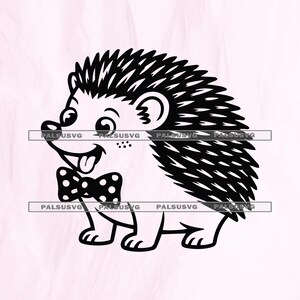 May include: A black and white cartoon hedgehog illustration with a polka dot bow tie and a tongue sticking out. The hedgehog has spiky quills and is smiling. The image is on a light pink background.