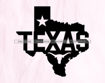以下が含まれることがあります： 白い星と「TEXAS」の文字が切り抜かれた、テキサス州の黒いシルエット。下部にはロングホーンがあります。画像には「SVG EPS DXF PNG PDF」のテキストが含まれています。