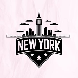 May include: A black and white graphic of the New York City skyline, including the Empire State Building, clouds, and the text "NEW YORK" in a banner with three stars. The design is on a light pink background.