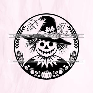 May include: Black and white circular graphic of a scarecrow wearing a hat, surrounded by fall harvest elements. The design includes a smiling face, pumpkins, leaves, acorns, and corn stalks, perfect for autumn decor.
