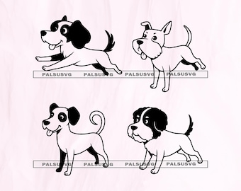 May include: Four black and white cartoon dog illustrations. Each dog has a unique pose and expression. The text "PALSUSVG" is repeated below each dog. The bottom of the image includes the text "SVG EPS DXF PNG PDF".