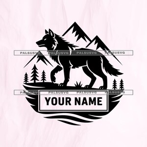 May include: Black and white graphic of a wolf walking in front of mountains and trees. The design includes the text "YOUR NAME" in a rectangular box. The image has a nature or outdoors theme.