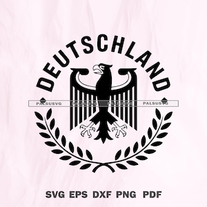 Könnte beinhalten: Schwarz-weiße Grafik des deutschen Wappens, mit einem Adler, dem Wort "DEUTSCHLAND" und einem Lorbeerkranz. Darunter listet das Bild Dateiformate auf: SVG EPS DXF PNG PDF.