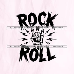 May include: A black and white graphic featuring the words "ROCK" and "ROLL" in a jagged font. A skeleton hand is making the rock and roll hand gesture, with lightning bolts radiating outwards.