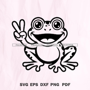 May include: Black and white cartoon frog illustration giving a peace sign with its hand. The frog is smiling with its mouth open. The image includes the text "SVG EPS DXF PNG PDF".