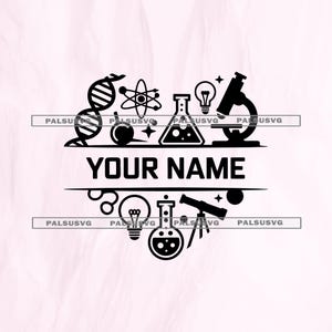 Może przedstawiać: Czarny wzór o tematyce naukowej z nicią DNA, atomem, kolbą, żarówką, mikroskopem i teleskopem. Tekst "YOUR NAME" jest wyśrodkowany pod ikonami naukowymi. Na jasnoróżowym tle.