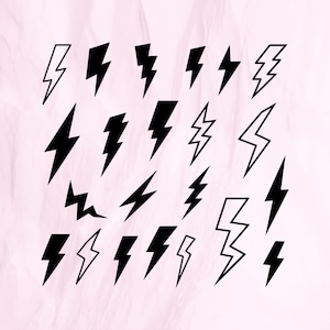 Può includere: Una collezione di 20 illustrazioni di fulmini neri. I fulmini sono di diverse dimensioni e angolazioni, creando un design dinamico ed energico.