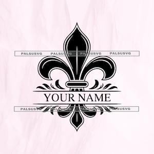 May include: A black fleur-de-lis design with the text "YOUR NAME" in a horizontal banner. The design includes decorative flourishes and the text "PALSUSVG" in a horizontal banner.