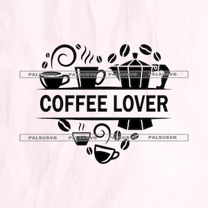 May include: Black and white graphic of coffee-related items arranged in a heart shape. Includes coffee cups, steam, coffee beans, and a coffee maker. The words "COFFEE LOVER" are in bold, centered text.