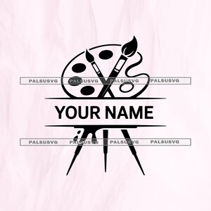Könnte beinhalten: Schwarz-weißes Künstlerlogo mit einer Farbpalette und Pinseln sowie dem Text "YOUR NAME" darunter. Das Design beinhaltet eine Staffelei am unteren Rand, perfekt für Kunstunternehmen oder persönliches Branding.