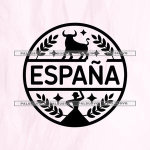 Op de afbeelding: Zwart cirkelvormig ontwerp met het woord "ESPAÑA". Het bevat een silhouet van een stier, een flamencodanseres, lauriertakken en sterren. De achtergrond is lichtroze.
