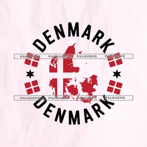 May include: A graphic design featuring the word "DENMARK" in a circular arrangement. The design includes a red map outline of Denmark, the Danish flag, stars, and small red square designs. The background is a light pink color.