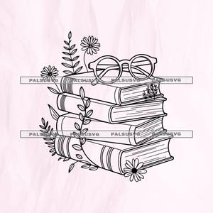 May include: A black and white line drawing of a stack of books with glasses on top. The books are decorated with floral elements, including daisies and leaves, creating a literary and botanical theme.
