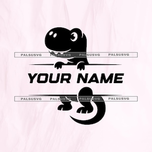 May include: A black and white dinosaur graphic with the text "YOUR NAME". The dinosaur is peeking over a horizontal line, with its body extending below another line. The word "PALSUSVG" is repeated in a horizontal line above and below the text.