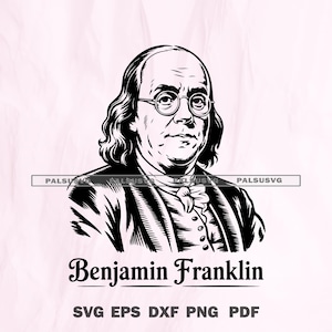 Peut inclure: Illustration en noir et blanc de Benjamin Franklin portant des lunettes et un manteau formel. L'image comprend le nom "Benjamin Franklin" et les options de type de fichier: SVG EPS DXF PNG PDF.