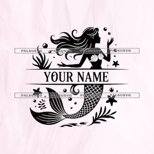 Pode incluir: Silhueta preta de uma sereia com cabelo esvoaçante, um top de concha e uma cauda escamosa. O design inclui bolhas, estrelas do mar e algas marinhas. O texto "YOUR NAME" está centrado abaixo da sereia.
