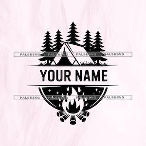 May include: Black and white camping-themed design featuring a tent, pine trees, and a campfire. The text "YOUR NAME" is prominently displayed. The design is suitable for outdoor enthusiasts.